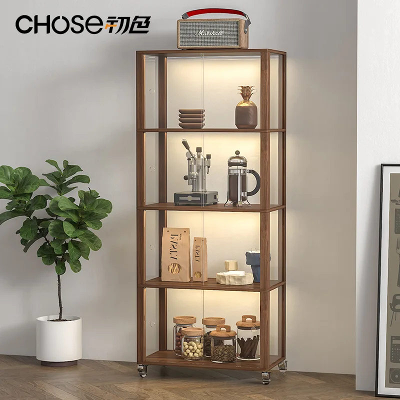 Original Solid Wood Storage Rack Dust-Proof Mobile Floor Stand with Doors Study Room Acrylic Multi-Tier Storage Rack