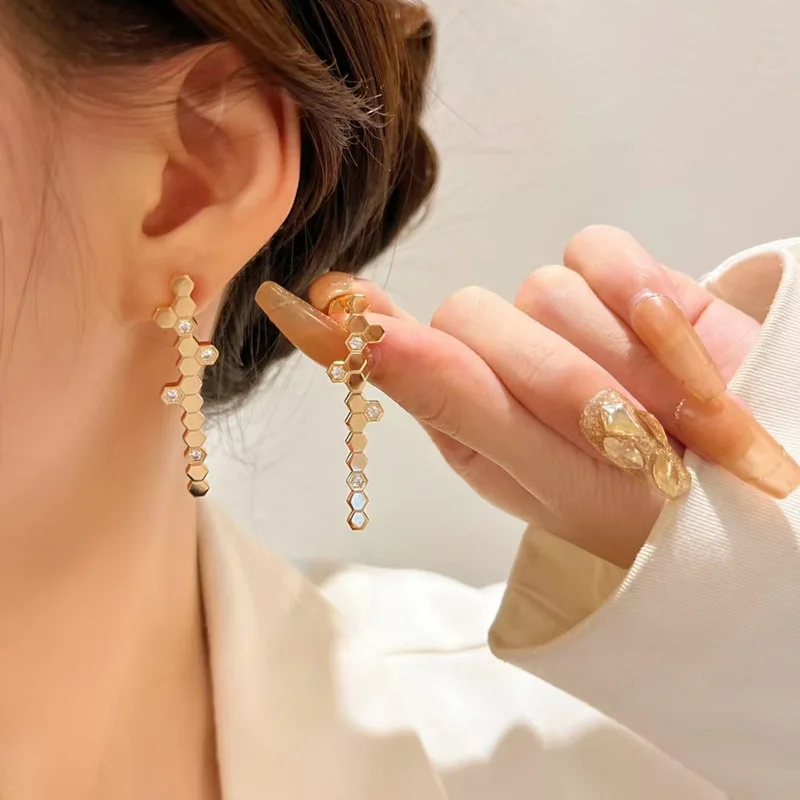 

KAMELIYA Honeycomb Elongated Stud Earrings S925 Sterling Silver Zircon Pendant Earrings for Women Rose Gold Plated Fine Jewelry