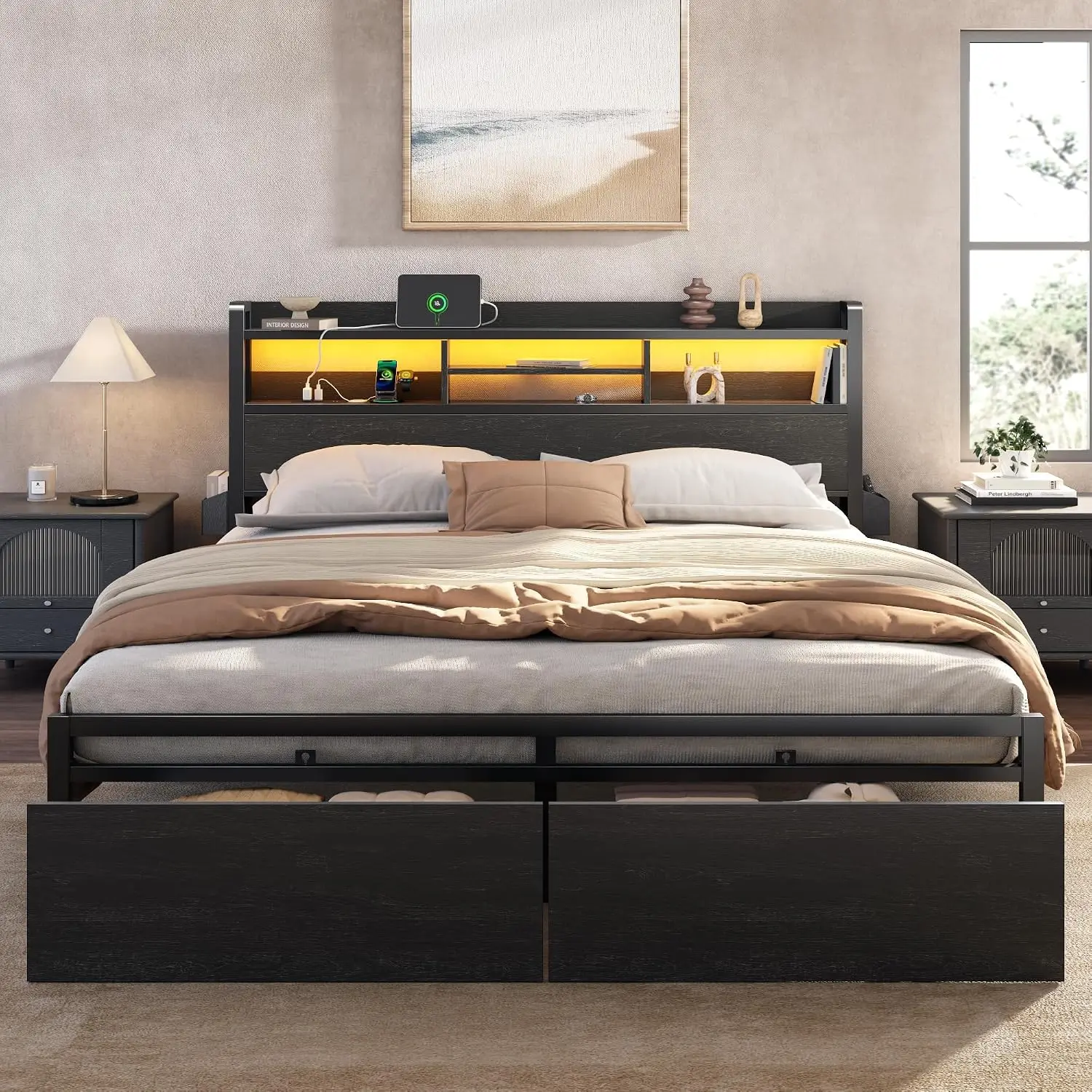 King Size Bed Frame with Storage Headboard & 2 Drawers Black, Customized image 2
