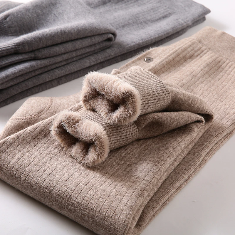 

Men's Winter Thickened Wool Cotton Trousers Warm Bottoming Pants Elastic Waist Pure Color Teenager Warmth Double Layer Wool