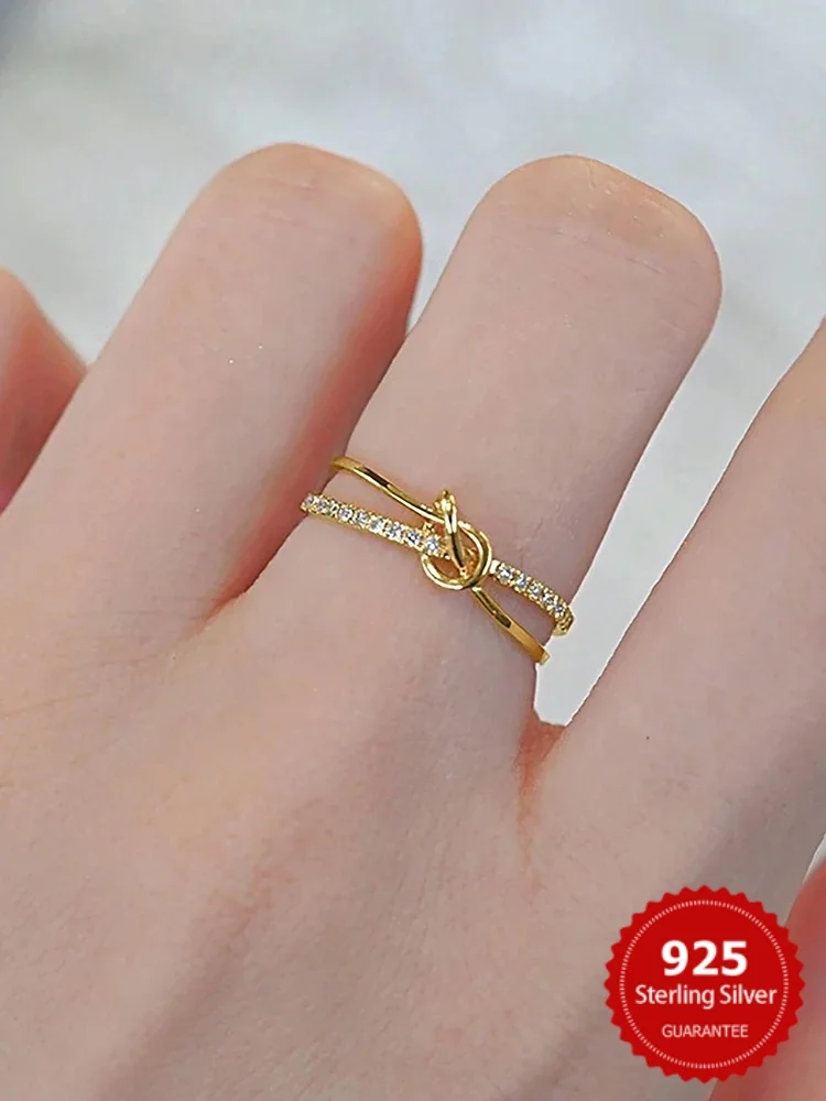

925 Sterling Silver Personalized Delicate Gold Knot Double Ring For Women Anniversary Party Creativity High Quality Fine Jewelry