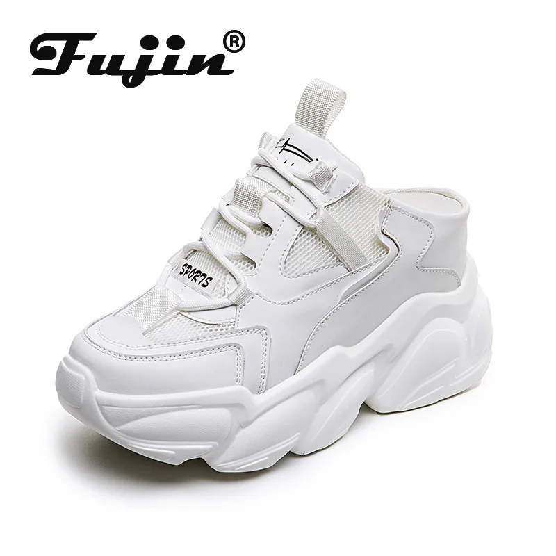 Fujin 8cm Platform Wedge Sneakers Genuine Leather Hidden Heel Shoes Mules Female Summer Shoes Sandals Slippers Breathable Shoes