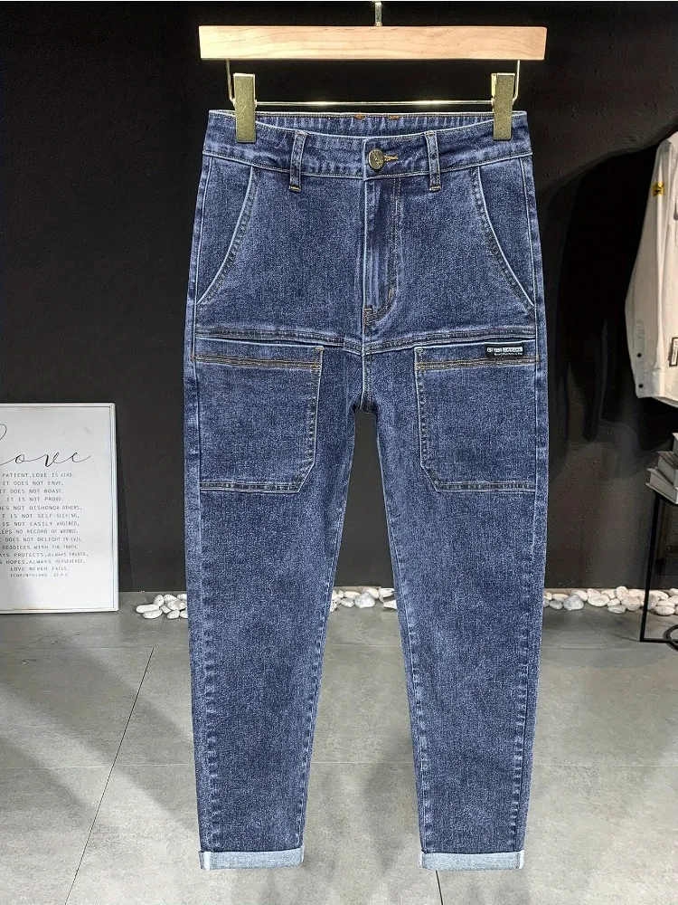 

Новые корейские джинсы, мужские тонкие удобные винтажные прямые эластичные модные брюки со средней талией, мужские повседневные джинсовые брюки