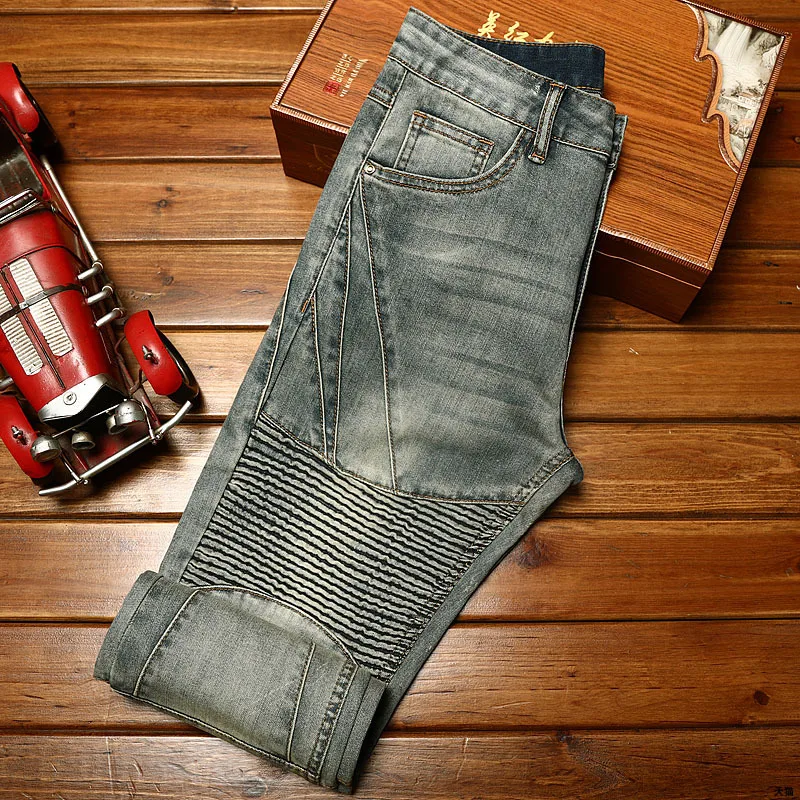 Pantalones vaqueros de motocicleta vintage lavados para hombre, jeans elásticos ajustados, moda urbana, pantalones largos informales ajustados