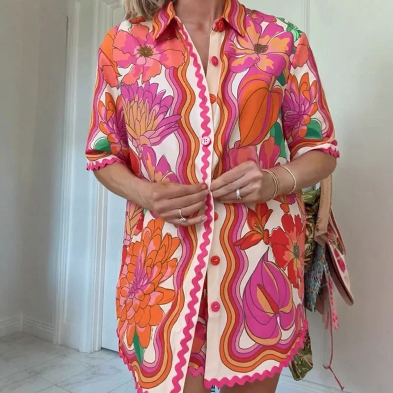 

Summer Holiday Lapel Print Outfit Woman Elegant Single Breasted Shirt Top & Lace Up Short Set Bohemian Pockets Button Beach Suit