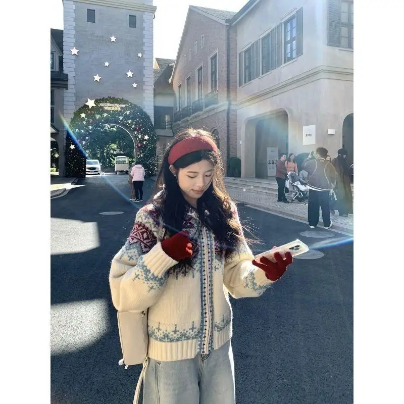 

Women's Sweater Autumn Winter Knitwear New Knit Blouse Cardigan Fair Island Hooded Christmas Clothing Tops Female Knit Jacket