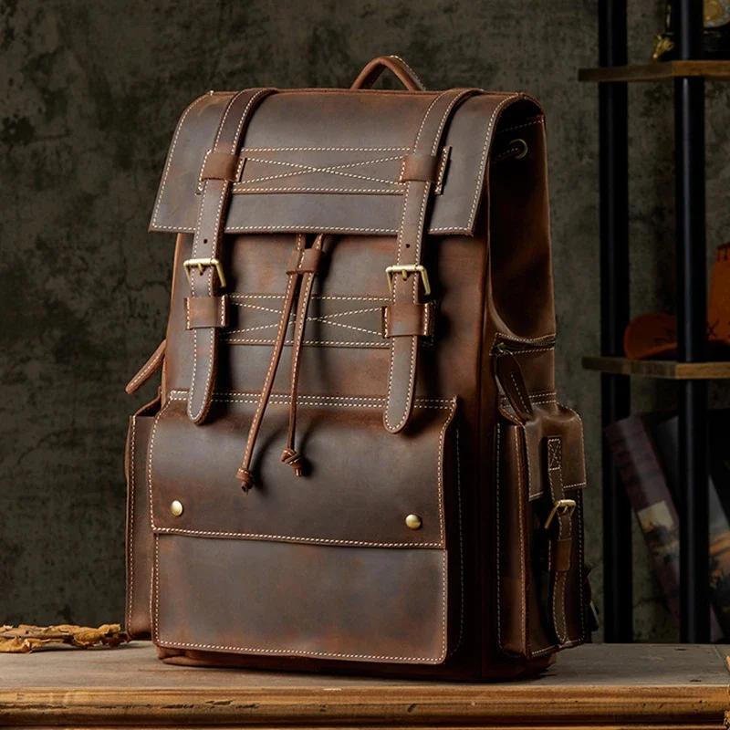 Мужской кожаный винтажный рюкзак, дорожная школьная сумка, 17-дюймовый ноутбук для хранения, кожаные мужские сумки Crazy Horse, роскошный дизайн, деловые сумки