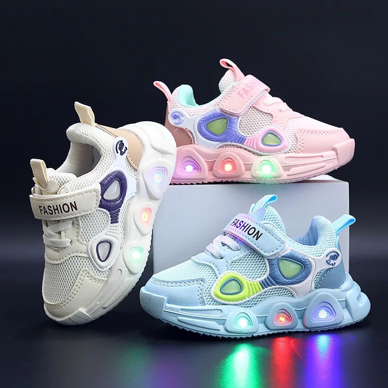 2024 LED Casual Sneakers primavera in pelle fibbia rotante scarpe bambini illuminati antiscivolo