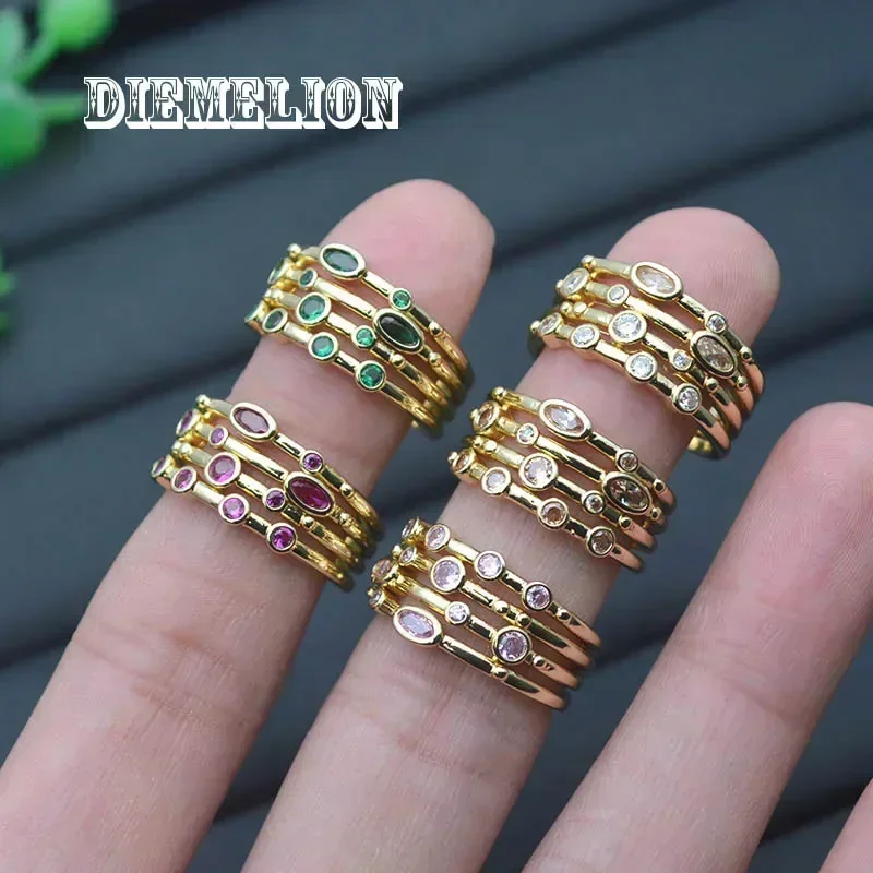 Luxury Gold Plated Multilayer Colorful Zircon Open Rings for Women Geometric Rainbow Crystal Finger Ring Simple Female Jewelry