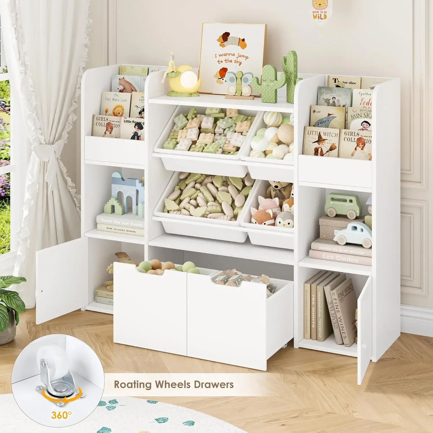 [Nuovo arrivo, spedizione gratuita! ]Grande organizer per giocattoli da 50'' con 4 contenitori per giocattoli, 6 armadietti e 2 cassetti mobili, libreria