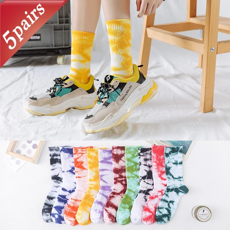 5 Pairs Unisex Socks Set Gradient Cool Trendy Fashion Verstaile Mid Tube Socks Personalized Comfortable Breathable Cotton Socks