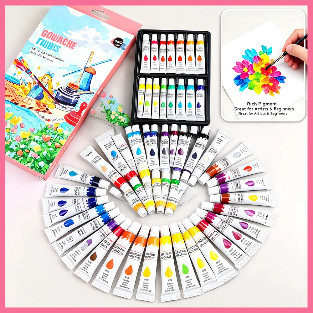 12/18/24 Colors Gouache Paint Set Water-Based Pigments for Canvas, Wood, Craft DIY Painting (Net:6ml/Tubes)