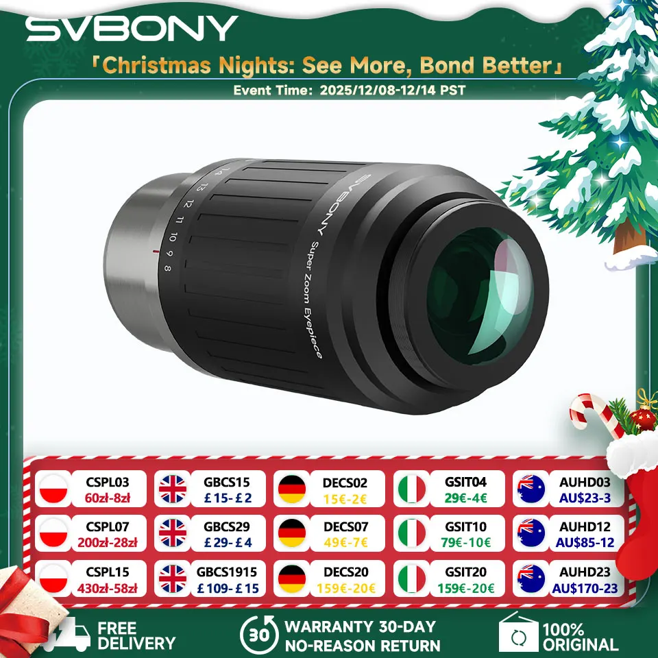 Okular zoomowy SVBONY SV230 8-20mm, szerokokątny, parafokalny (57 ° -72 ° Optyka asferyczna, podwójne mocowanie 1,25 cala/2 cale do obserwacji planet i głębokiego nieba