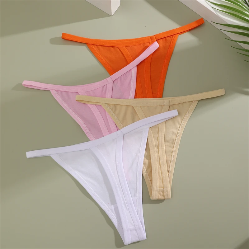 4Pcs Women\'s Cotton Thongs Sexy Thin Waist Underwear Traceless Low Waist G-string Sports T-Back Female Breathable Panties S-XL