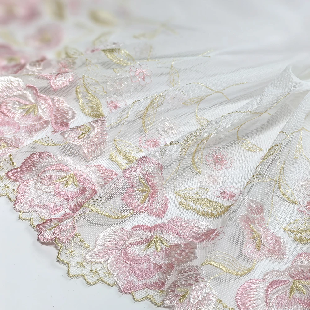 1Yard Pink Mesh Embroidery Lace Fabric, DIY Garment, Needlework, Sewing Dolll, Clothing Accessories