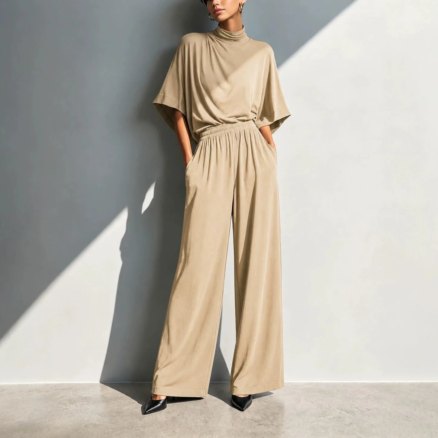 Casual Matching Set Short Sleeve High Neck Top Blouse Jumpsuit Playsuit Cotton Blend Minimalist Spring Summer