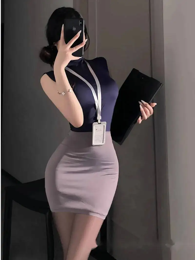 달콤한 스커트 세트 OL 섹시한 순수한 욕망 스타일 비서 가방 엉덩이 투피스 스커트 세트 항공 승무원 유니폼 나이트 클럽 WQW6