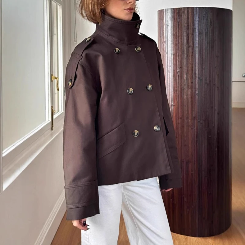 2025 New Vintage Women Trench Coat Double Breasted Loose Fit Elegant Stand Collar Streetwear Fall Winter Coat