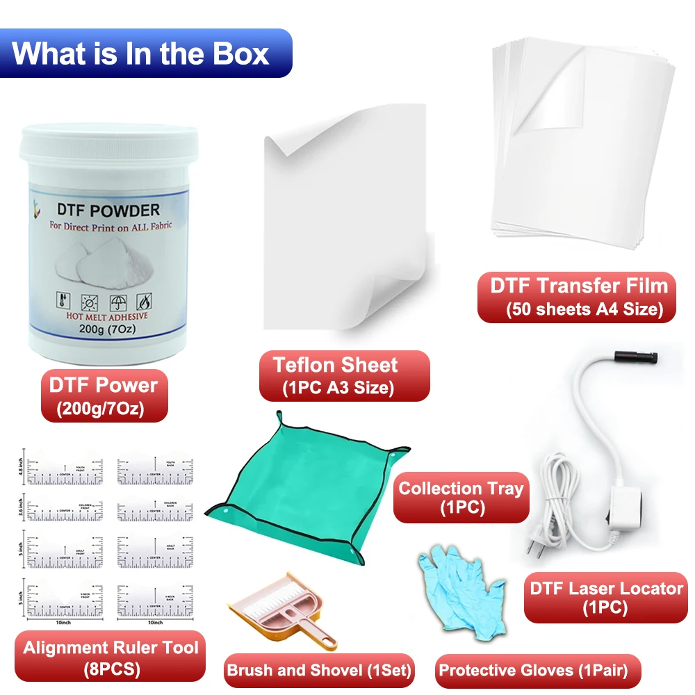 DTF Transfer Film Powder Beginners DIY Kit 50Pcs A4 Film,7oz White Powder,Laser Locator Alignment Ruler Digital for DTF Printer