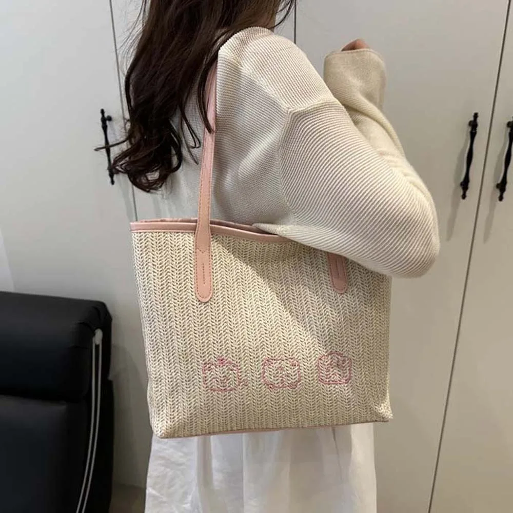 

Shoulder Bag Sweet Straw Tote Bag Cartoon Pattern PU Woven Underarm Bag Large Capacity Breathable Summer Beach Handbag Storage