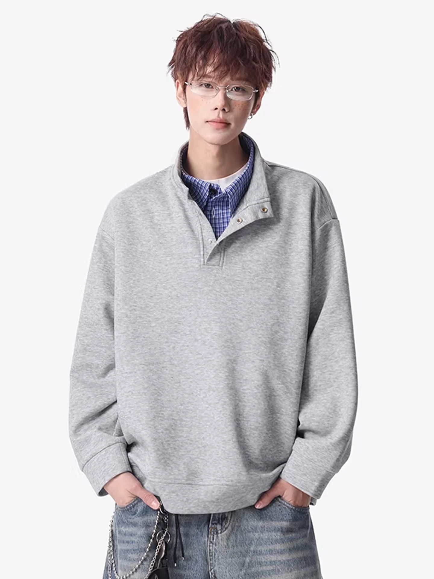 

Men's Plaid Stand Collar Sweatirt Casual Loose Fit American Sle irt Comfortable Long Sve Autumn Winter Top