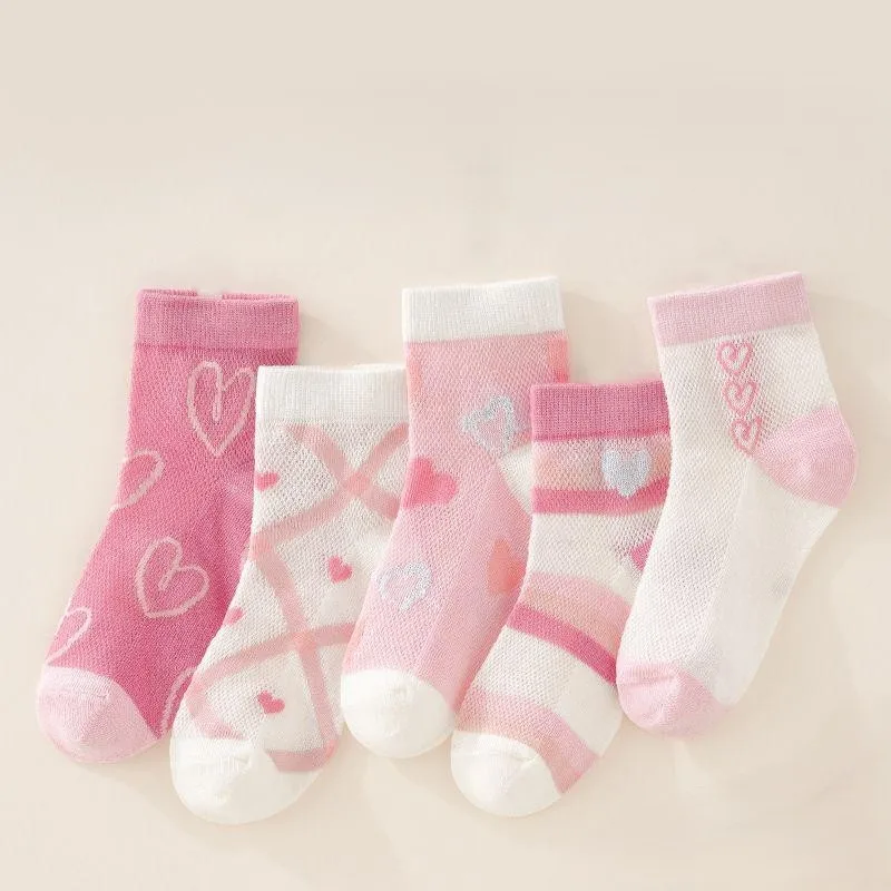5 Pairs of Children's Summer and Spring Pure Cotton Socks, Ventilated with a Mesh Design, Cute Socks with Hearts, Relaxed and Co