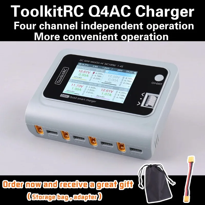 ToolkitRC Q4AC Charger XT60 Adapters IPS Bright with Clear Wide Angle Display 4x50w 5A AC 100W 4 Port DC Smart Discharger AC DC