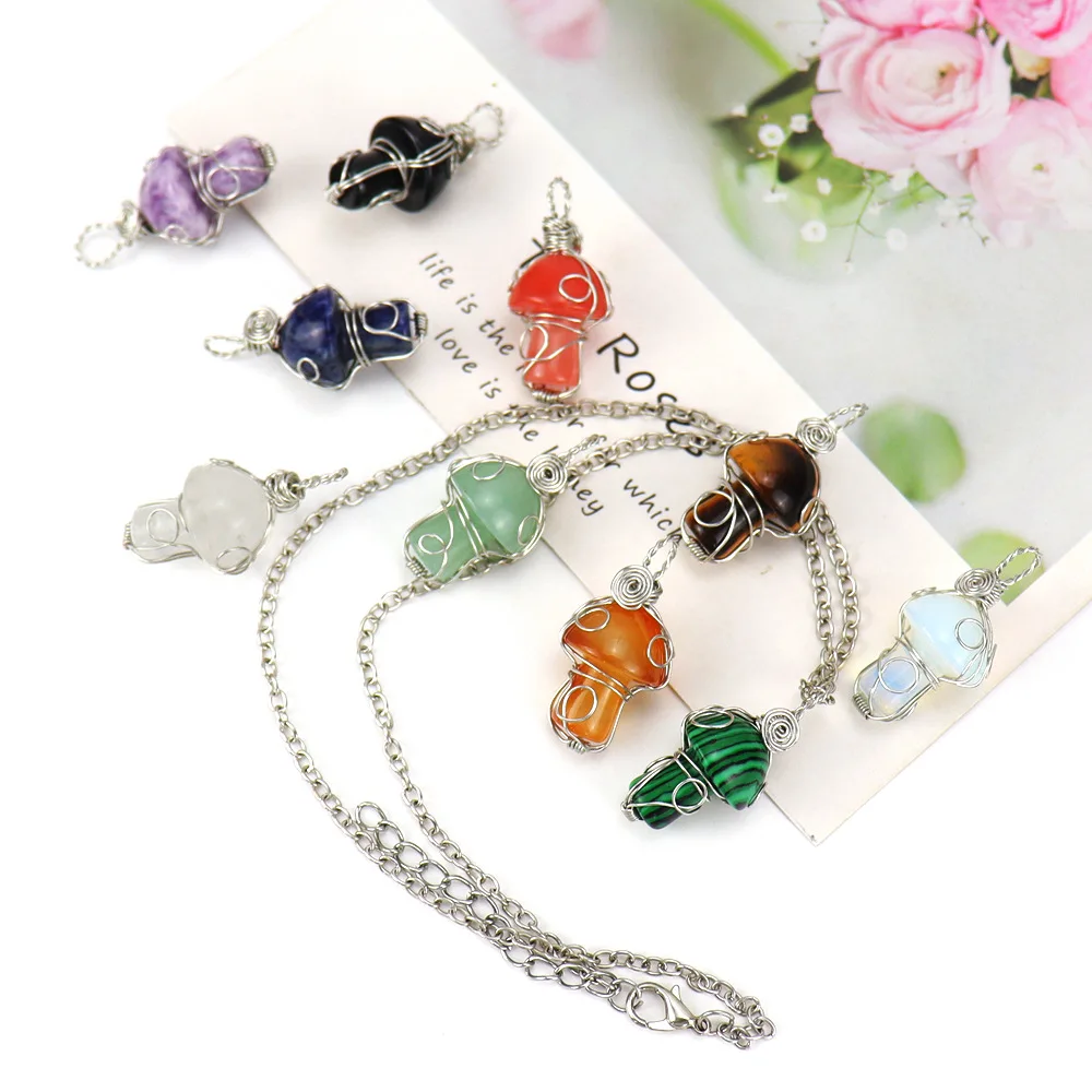 Mushroom Crystal Pendant Necklace for Women Colorful Stone MetalRimmed Mushroom Necklace Teenage Girl GraduationNecklace Jewelry