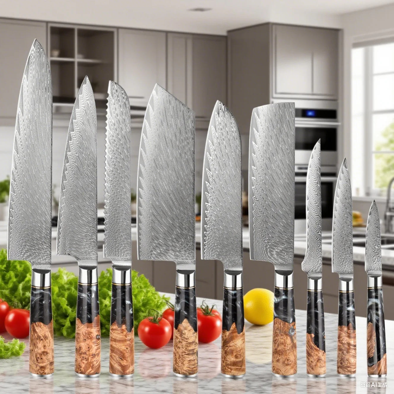 

67 Layer Damascus Steel (1-9PCS) Kitchen Knife Set Hotel Home Kitchen Utility Chef's Knife Santoku Knife Ergonomic Resin Handle