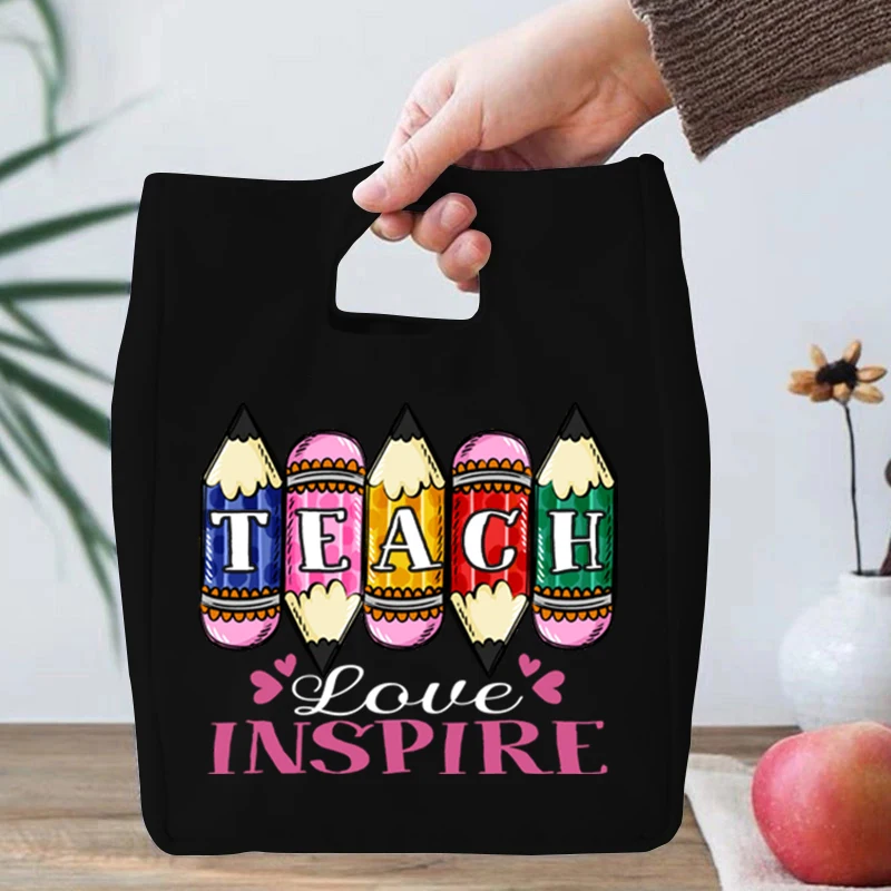 Fashion Teach Lunch Bags Lunch Bag School Child Teach Love Inspire Graphic Print Women Picnic Travel Thermal Essential Tote Bags