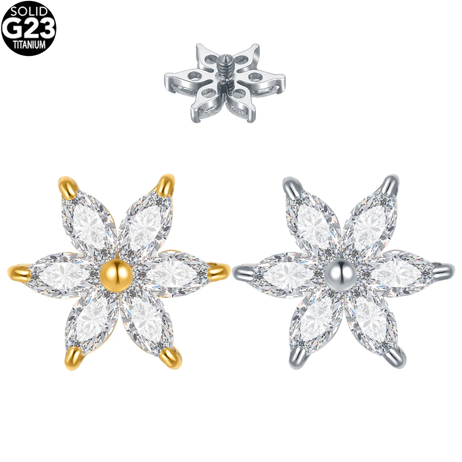 1PC G23 Titanium Micro Dermal Anchor Top Skin Drivers Surface Dermal Piercing CZ Flower Heads Charming Women Men Jewelry 14G