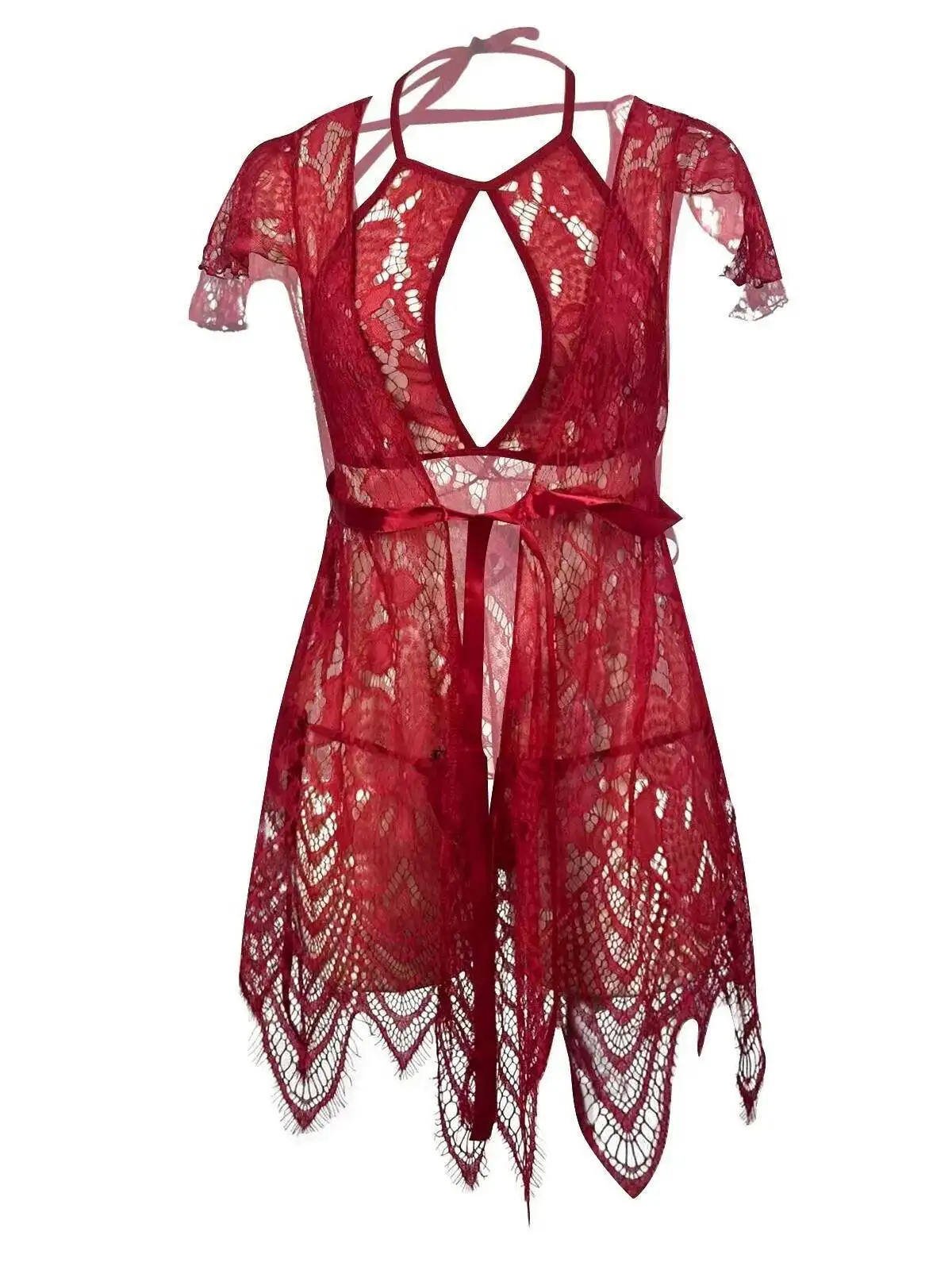 Vestido Sexy Casaul estilo puro deseo, vestido Sexy de encaje transparente con cuello colgante y hombros descubiertos, sin espalda, escote en V profundo sin mangas V0X5