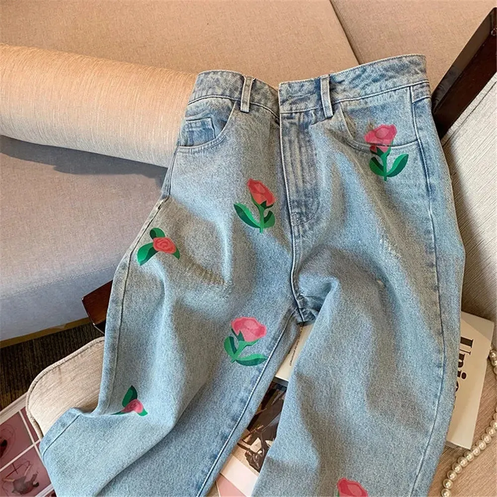 Goth Casual Loose Flowers Print Jeans Women Vintage Korean Chic Y2k Denim Pants High Waist Vintage Street Stright Denim Trousers