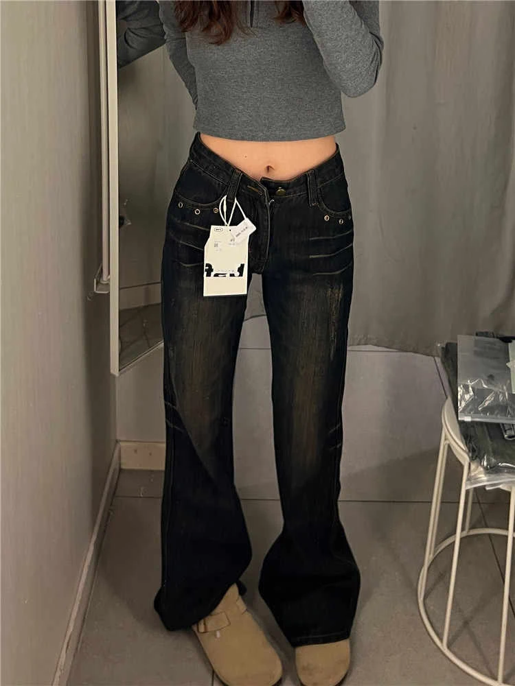 Women's Low Rise Jeans Gyaru Flared Denim Pants American Retro Skinny Jeans Korean Y2k Japanese Bell Bottom Y2k Harajuku 2000s
