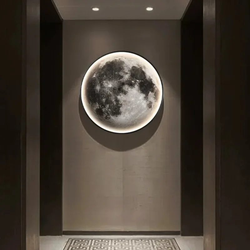 Gray Moon Circular Porch Decoration Painting Led Luminous Light Painting Light Luxury Style Bedside Painting Corridor End Mural