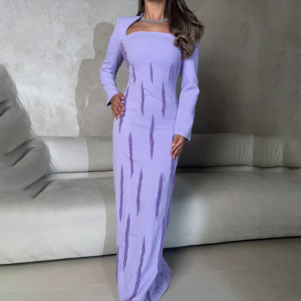 Lavendel avondjurk vierkante hals lange mouwen kwastje jersey avondjurken vloerlengte rechte galajurken op maat