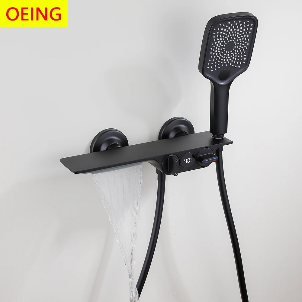 Wall Mounted Black Bathtub Faucet Two Function Long Large Shelf  Temperature Display Water Flow Generate Electricity