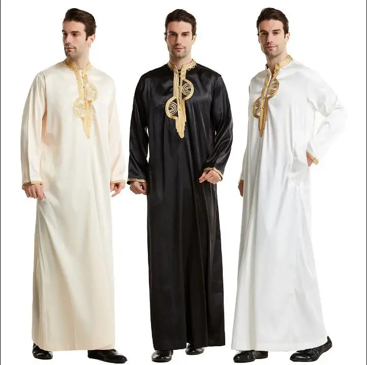 Men's Robe Ethnic Lranian Gown White Embroidered Spring Long