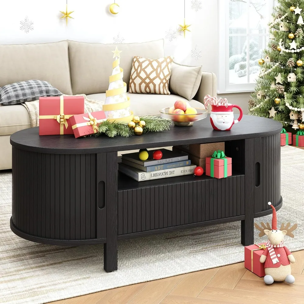 

47.2 Inch Oval Coffee Table with Storage, Mid Century Modern Coffee Table with Drawer, Center Table with Sliding Door and Wood