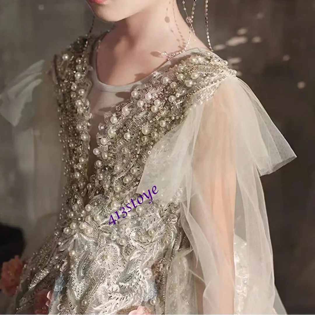 فستان فتاة فاخر مخصص من الكريستال الأخضر المريمية على شكل حرف a بأكمام طويلة للأطفال العربيات فستان الأميرة لحفلات الزفاف وأعياد الميلاد والعطلات