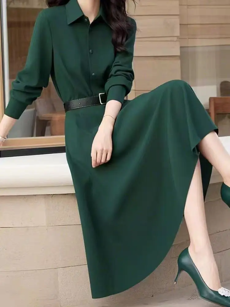 新しいライト高級秋ドレス女性ハイエンドファッションラペル長袖スリムウエストエレガントなグリーンオフィスレディドレス Vestidos