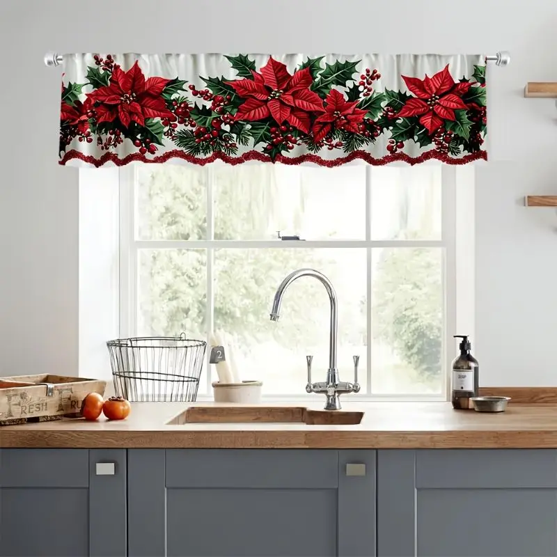 VIKAMA White Poinsettia Holly Berry Scallop Border Christmas Short Window Curtain Elegant Floral Classic Holiday Home Decor Soft