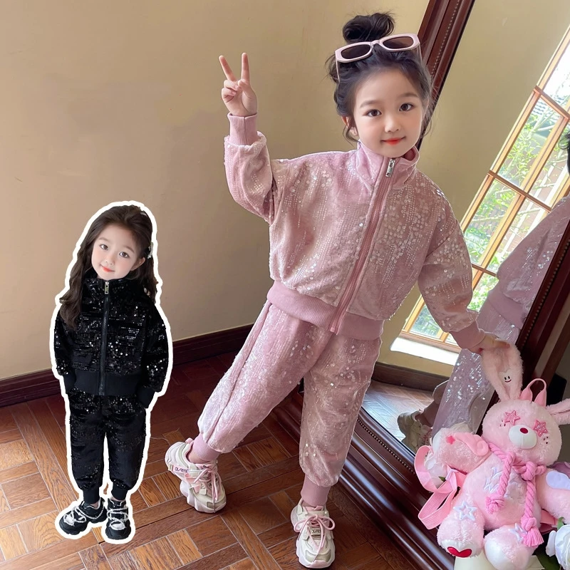 

Весенне-осенний комплект для девочек, новинка 2026, детская мода, спортивный блестящий наряд на молнии, милый и милый комплект из двух предметов для маленьких детей