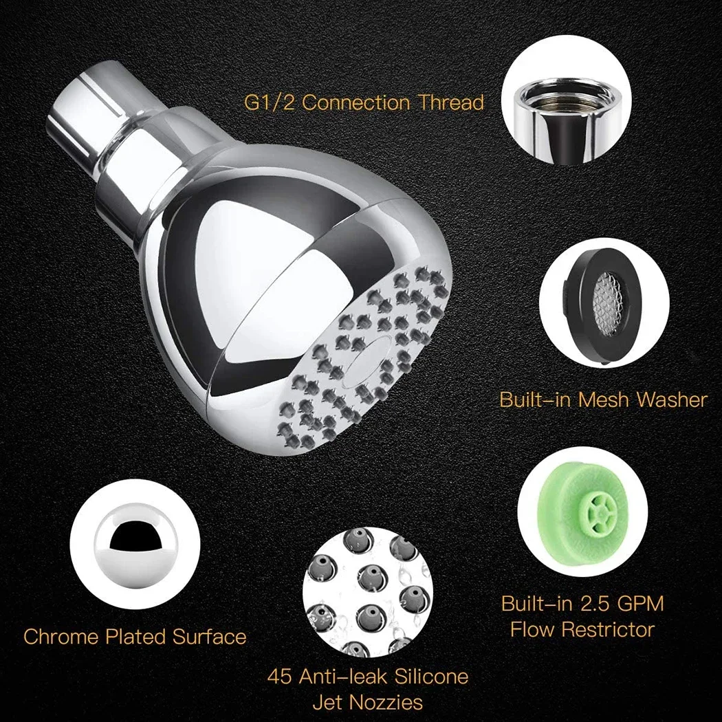 Replacement Shower Head ABS Accessories 2.5 gallons 3 Inch Anti-leak Bathroom Connector High Pressure Polished Chrome