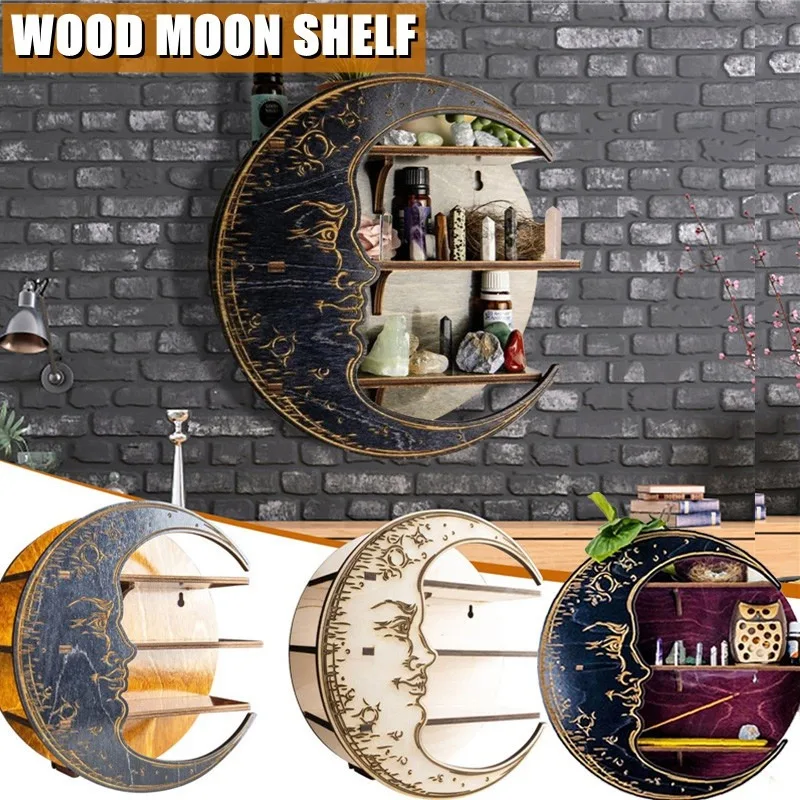 

Decor for Crystal Essential Oil Nursery Wooden Moon Shelf Living Room Rustic Display Rack Wall Hanging Storage Rack Bedroom Home