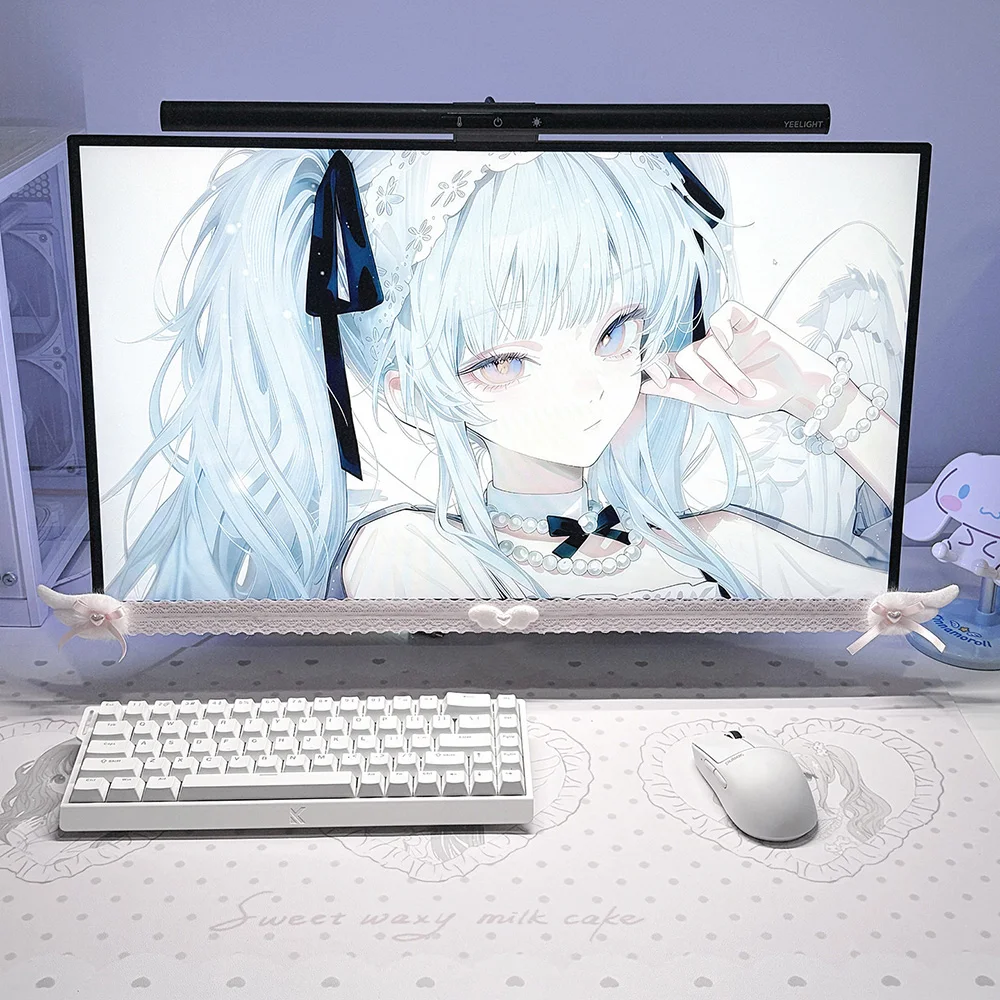 New Screen Decor White Lace Monitor Trim with Plush Angel Wings Sweet Aesthetic Computer Decor for Home Office Gaming Desk Setup