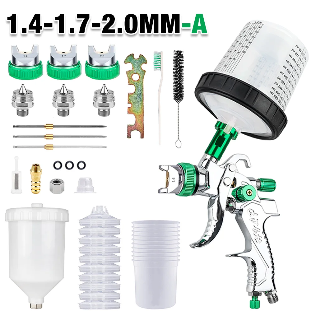 1,4 mm 1,7 mm 2,0 mm professioneel HVLP-spuitpistool huishoudelijk automatisch verfspuitpistool, 600 ml niet-schone wegwerpmaatbekers 10 stuks, hoogwaardig luchtgereedschap (potdeksel met verffilter)