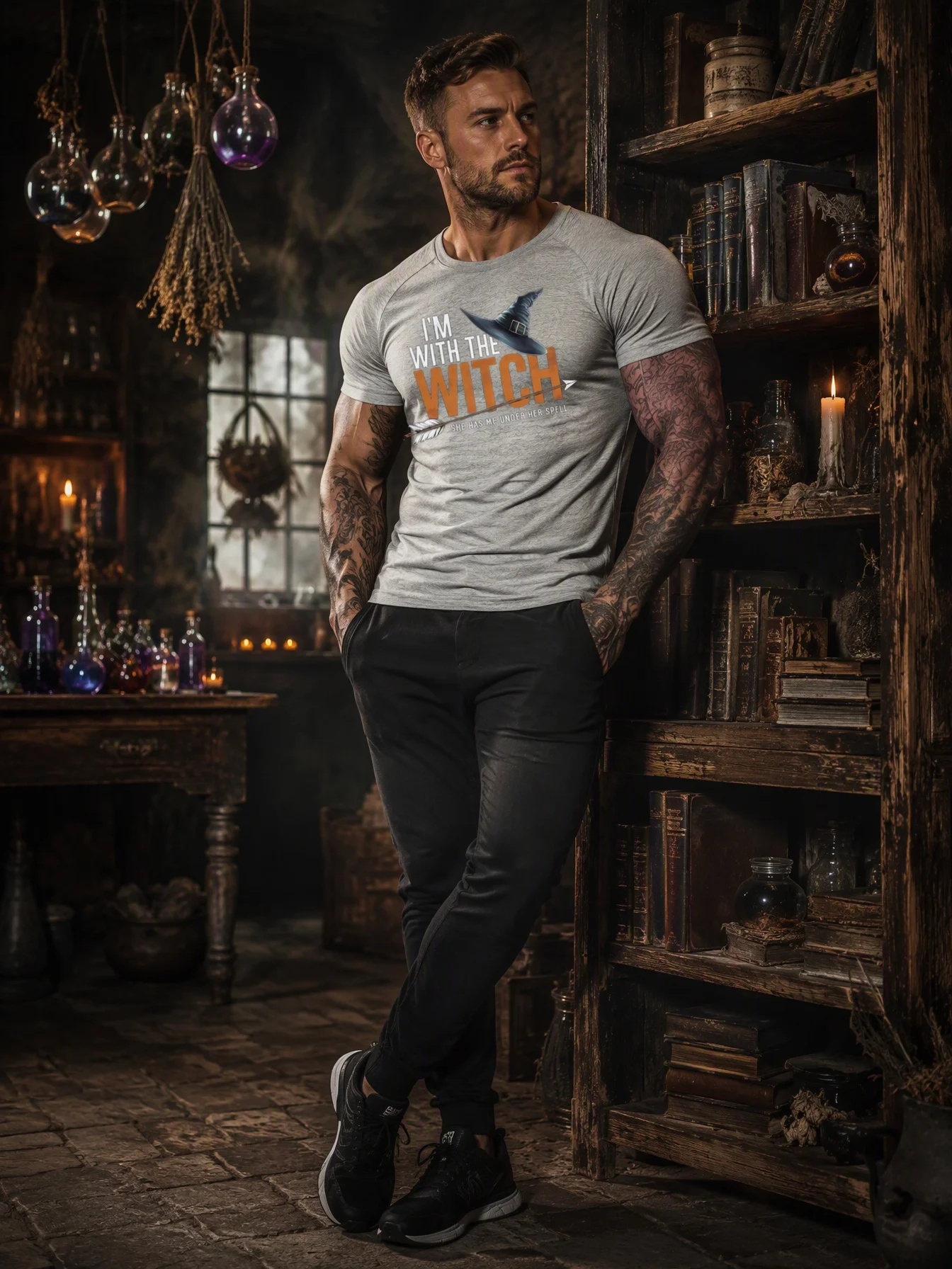 Men's Soft Silk T-Shirt I'm With The Witch - Witch Print - Stretch Fitness Clothing for Hiking and Mountain Climbing for Men
