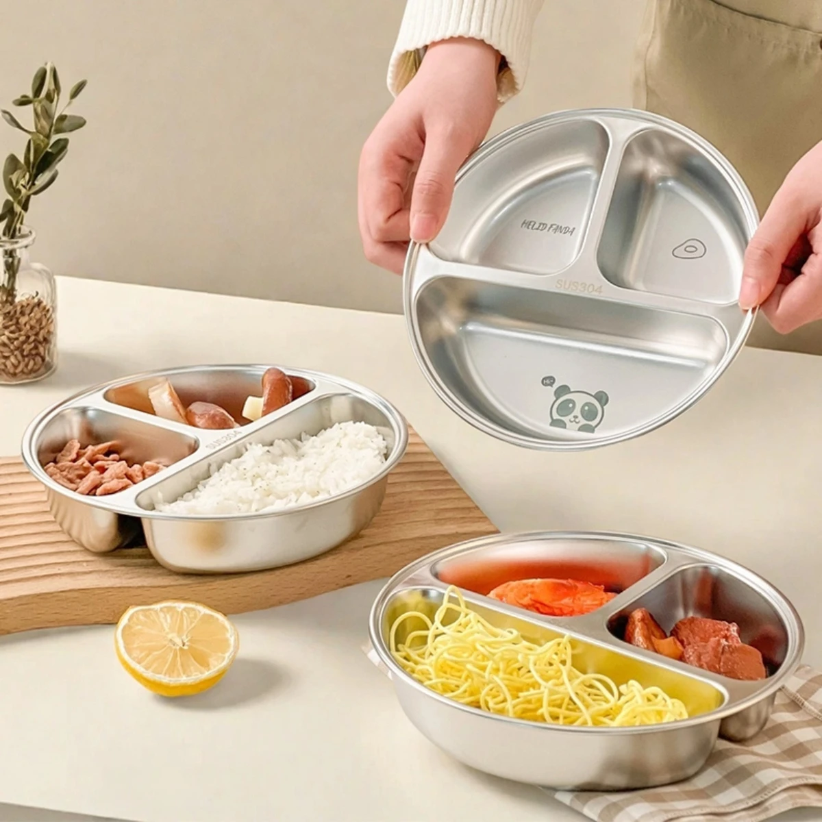 

WORTHBUY 3 Grids Cute Children's Food Plate 304 Stainless Steel Divided Dining Plate Fruit Salad Plates Dishwasher Safe Dishes