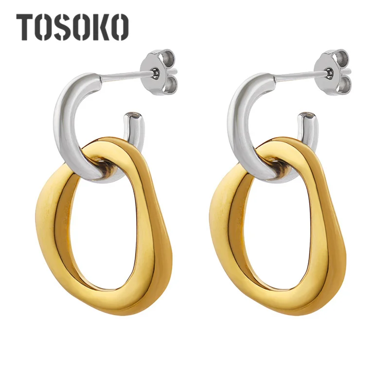 TOSOKO Personalized And Fashionable Geometric Contrasting Earrings Titanium Steel Earrings BSF144